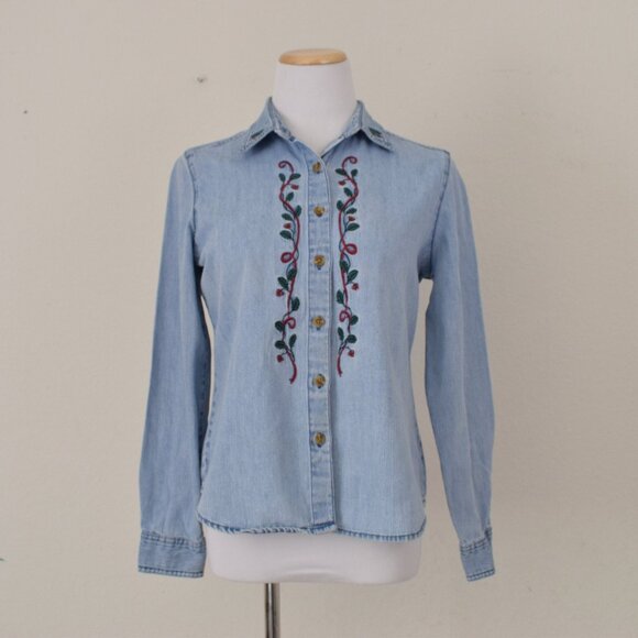 Worrrn Vintage 90s Embroidered Denim Shirt size S - Picture 9 of 10